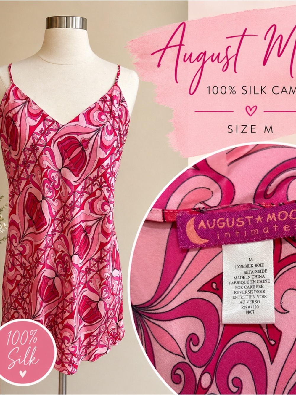 August Moon 100% Silk Pink Swirl Cami Slip Top | Y2K Lingerie Chic | Size M